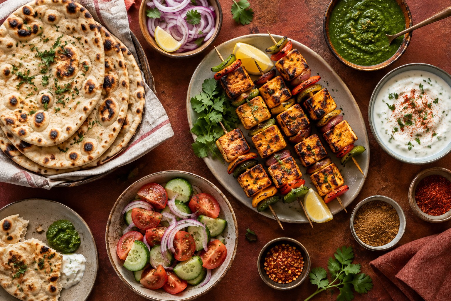 A generous spread of flatbreads, paneer and dips