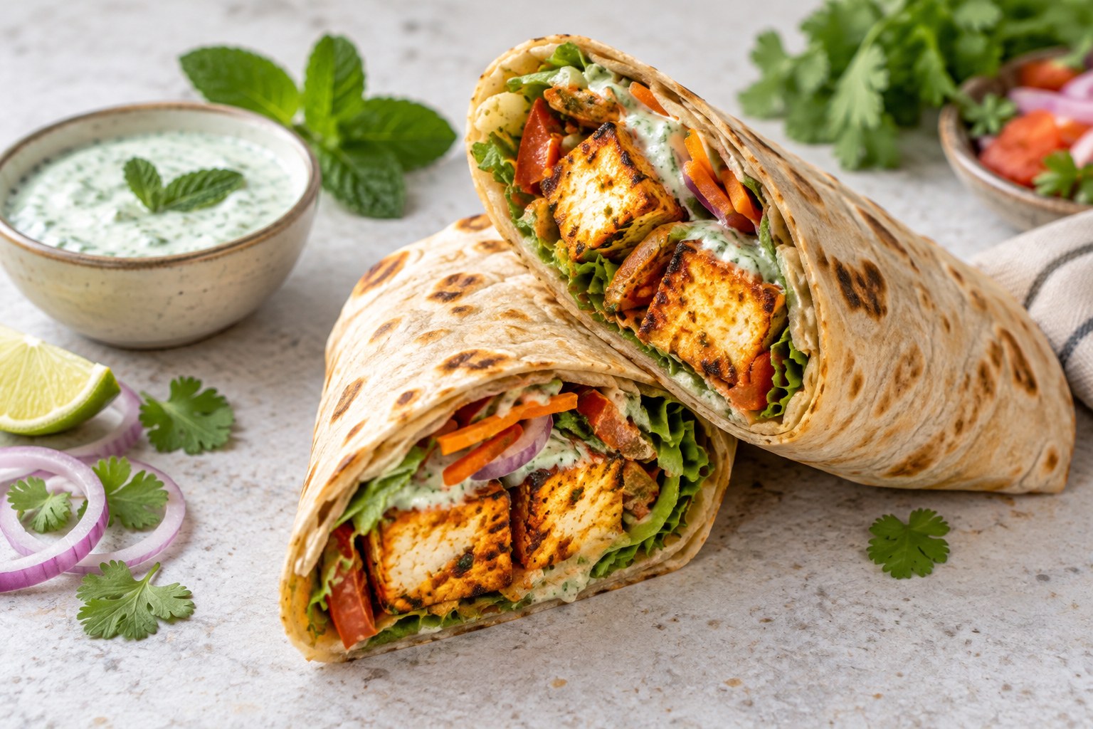 A generously filled paneer wrap with fresh salad